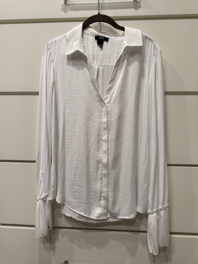 Paige White Collared V-Neck Long-Sleeve Silky Blouse
